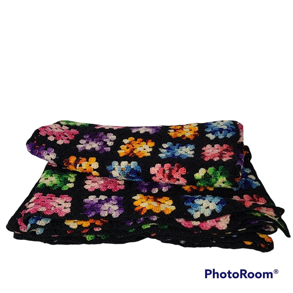 MCM Vintage black multicolor granny square sofa throw 48x81